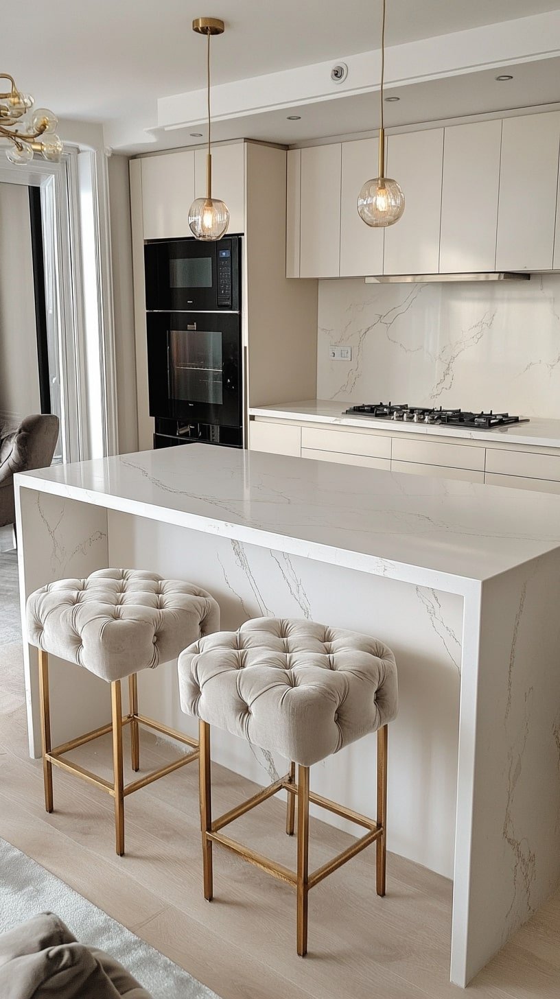 White and Brass Chic Open Concept with Upholstered Bar Chairs