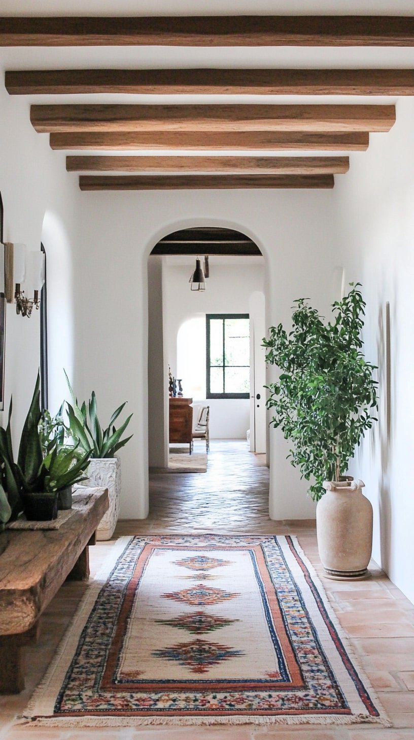 White and Wood Living Room with Spanish Tile Rug