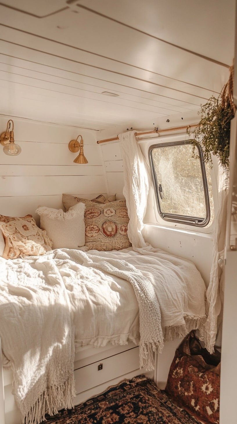Whitewashed Wood Walls with Brass Fixtures and Linen Bedding