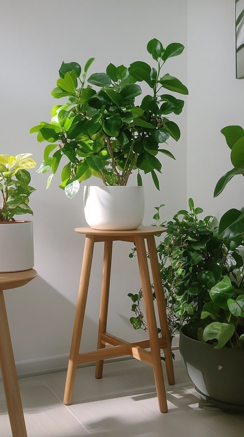 Wood and White Midcentury Living Room with Indoor Plants