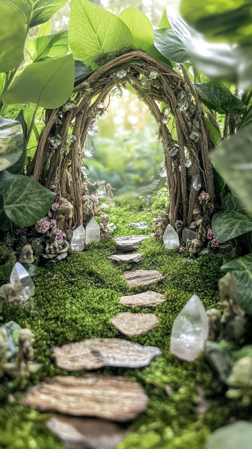 Woodland Fairy Garden with Leaf Arch and Crystal Stones