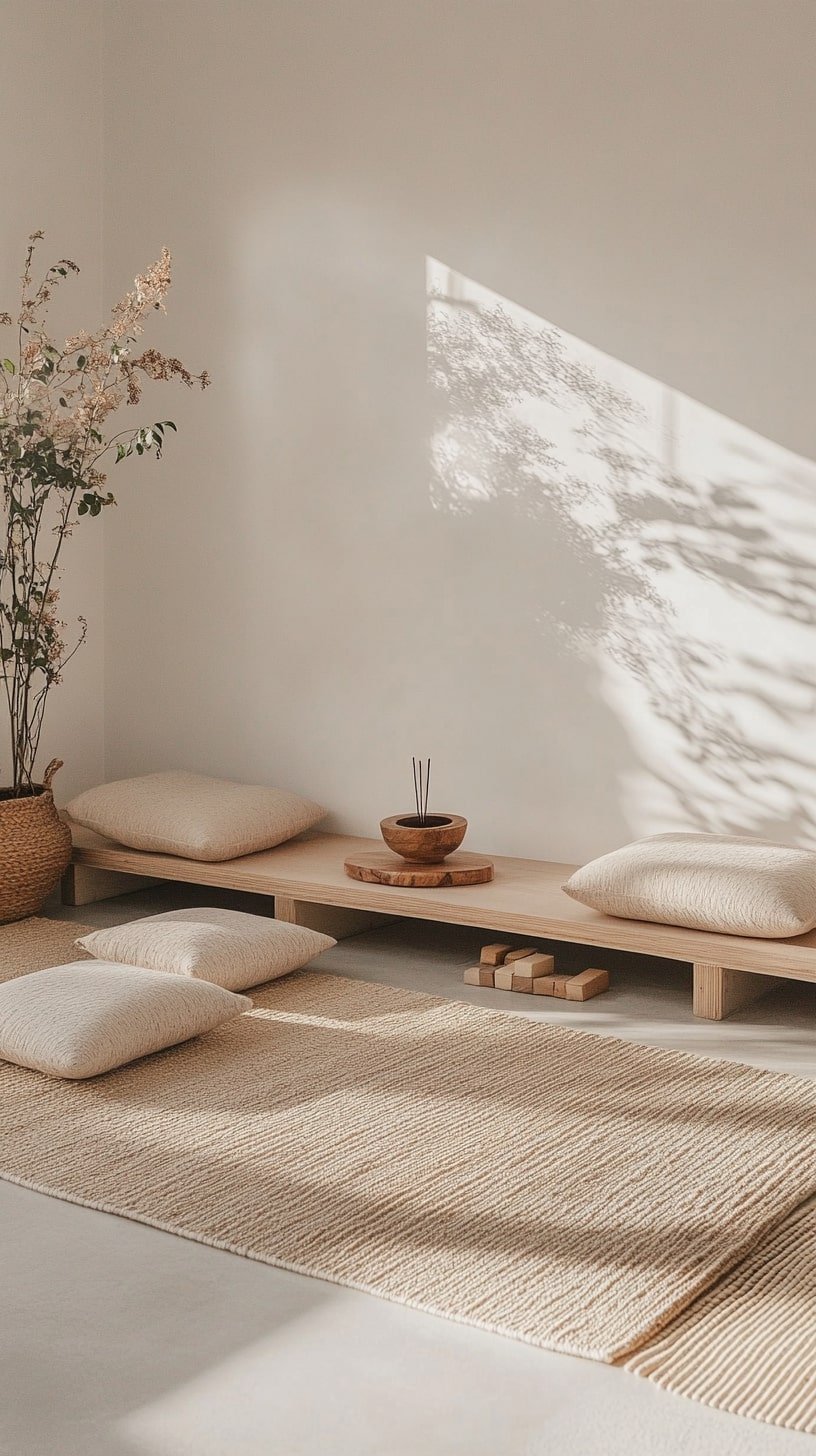 Zen-Boho Yoga Room with Floating Shelves and Incense